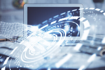 Multi exposure of desktop computer and technology theme hologram. Concept of software development.