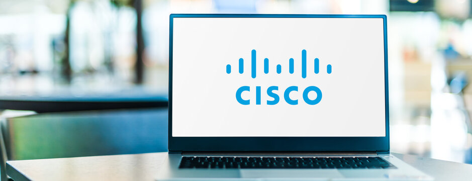 Laptop computer displaying logo of Cisco