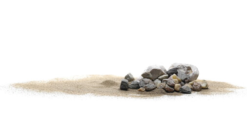 Rocks in sand pile isolated on white background and texture