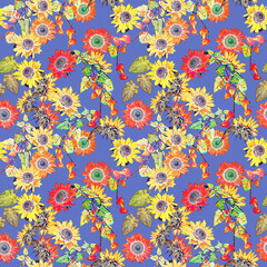 Sunflowers with physiallis and leaves, seamless pattern.