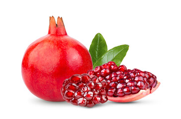 Pomegranate with leaf on white background.