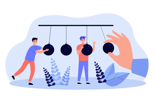 Tiny positive people playing with pendulum isolated flat vector illustration. Symbolic motivation push impact and work for success. Inertia force, rhythm and momentum concept