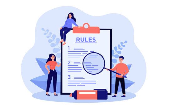 Tiny people learning information about terms and rules flat vector illustration. Cartoon simple checklist with company guidance. Information security and education concept