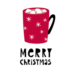 Christmas card. Red cup with cocoa and marshmallows. Handwritten lettering. New Year's illustration.