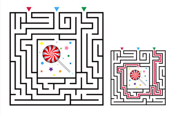Square maze labyrinth game for kids. Labyrinth logic conundrum with candy. Three entrance and one right way to go. Vector flat illustration isolated on white background.