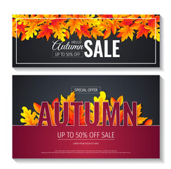 Set of Autumn promo sale flyers or backgrounds with bright autumn leaves. Vector illustration for banner, poster, special offer, advertising, flyer, commercial.
