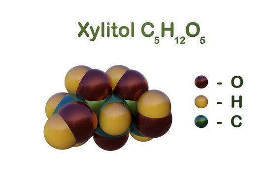 Structural chemical formula and molecular model of xylitol, a sugar alcohol, used as a food additive and sugar substitute in toothpaste and chewing gum. Scientific background. 3d illustration