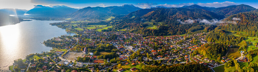 Tegernsee lake in the Bavarian Alps. Aerial Panorama Mountain View. Autumn, Fall. Germany, Bavaria close to Austria. Travel Destination