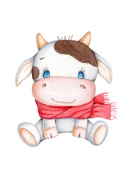Cute cartoon funny bull in red scarf. Watercolor illustration for children. Hand drawn sketch art. Isolated.