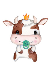 Cute cartoon bull (calf, cow) - symbol of New Year 2021. Watercolor hand drawn sketch, illustration, icon. Isolated on white  background. 