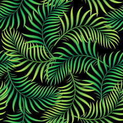 Naklejka na ściany i meble Vector tropical seamless pattern, stylized palm leaves decorated with geometric patterns on black background.