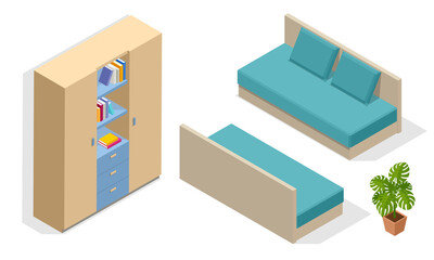 Isometric wooden bed and wardrobe isolated on white. Icons of wooden furniture. Teenage bedroom. Bedroom interior for two children.