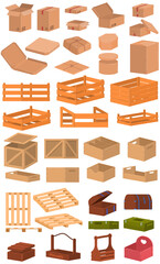 Delivery box pack vector illustration set. Cartoon 3d cardboard or wooden containers packages collection with open or closed post cargo boxes for storage, shipping delivering goods isolated on white