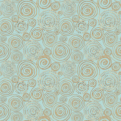 Abstract seamless pattern with 3d golden glittering acrylic paint round spiral circles on pastel green background