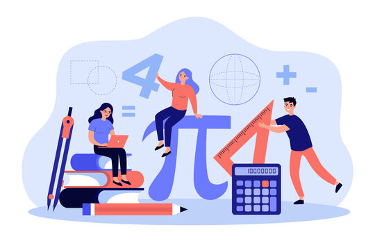 Tiny students learning math in college isolated flat vector illustration. Cartoon geometry figures, algebra formulas and symbols. Guy with ruler, ladies studying. Education and school concept