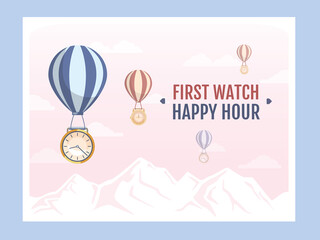 First watch happy hour banner design. Round clock faces flying with air balloons vector illustration with text samples. Template for retail poster or creative cover design