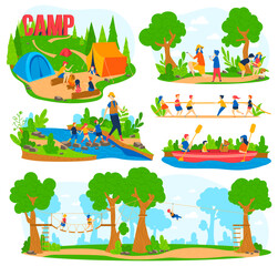 Children play games in summer camp vector illustration set. Cartoon flat playground outdoor camping collection, camper child and adult characters sitting by tent, kayaking and hiking isolated on white