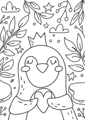 Penguin coloring book for kids and adults. Beautiful christmas coloring page.
