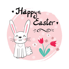 Obraz na płótnie Canvas Easter bunny with a handwritten headline Happy Easter. Vector illustration. Hand drawn Vector card