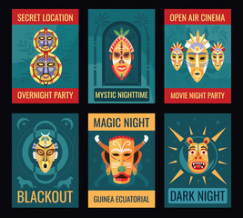 Night party flyers design set with tribal masks. Traditional Guinean decoration vector illustration with text samples. Template for announcement posters or invitation cards