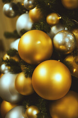 Large silver and gold Christmas balls on a fur-tree