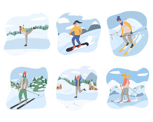 Group of people in winter clothes doing winter activities vector flat cartoon illustration.
