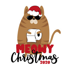 Meowy Christmas 2020- Cute cat in Santa's hat, and toilet paper. Funny greeting card for Christmas in covid-19 pandemic self isolated period. 