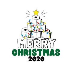 Merry Christmas 2020 - Toilet paper Christmas tree. Funny greeting card for Christmas in covid-19 pandemic self isolated period. 
