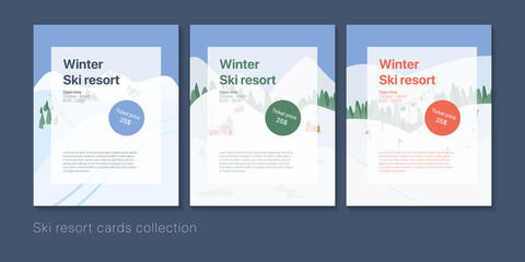 Ski resort banners concept for design and web. Winter landscape with text vector flat cartoon illustration.
