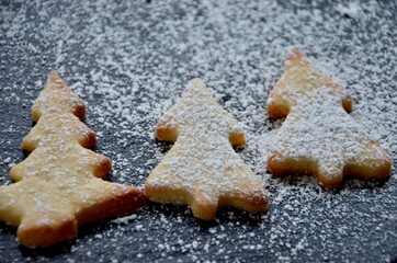 Homemade German christmas cookies on a slate covered with powdered sugar, butter biscuits, christmas tree figures, copy space
