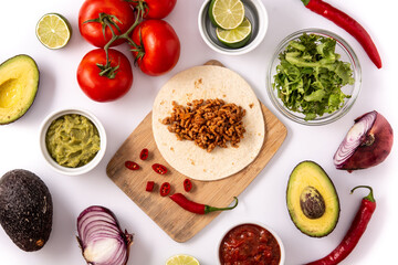 Mexican tacos ingredients isolated on white background. 