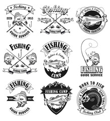 Fishing camp emblems set. Fishers club monochrome labels with fish and tackles. Isolated vector illustrations for sport, adventure, expedition, outdoor activity concept