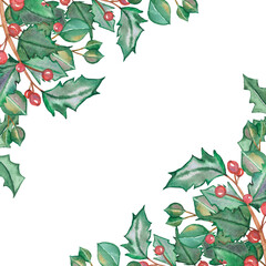 Watercolor hand painted nature winter holiday corner frame with eucalyptus green leaves, holly red berries and leaves on branch bouquet on the white background for christmas invite and greeting card