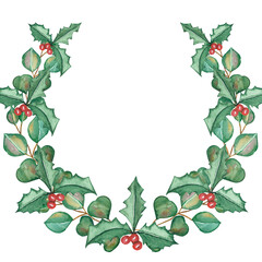 Fototapeta premium Watercolor hand painted nature winter holiday circle frame with eucalyptus green leaves, holly red berries and leaves on branch wreath on the white background for christmas and new year greeting card
