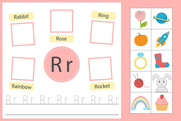 Alphabet tracing worksheet for preschool and kindergarten. Writing practice letter R. Exercises with cards for kids. Vector illustration