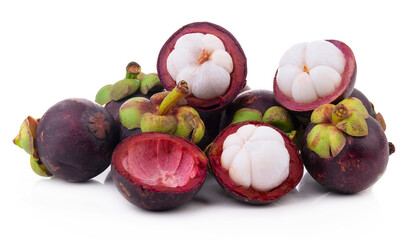 Mangosteen fruit set slice isolated healthy fresh fruit top view vegetable agri nature fruit isolated on a white background.