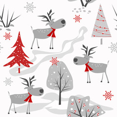 Seamless Christmas pattern.Cute deer in a stylized winter forest.