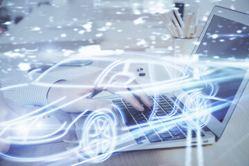 Automobile theme drawing with businessman working on computer on background. Autopilot taxi concept. Multi exposure.