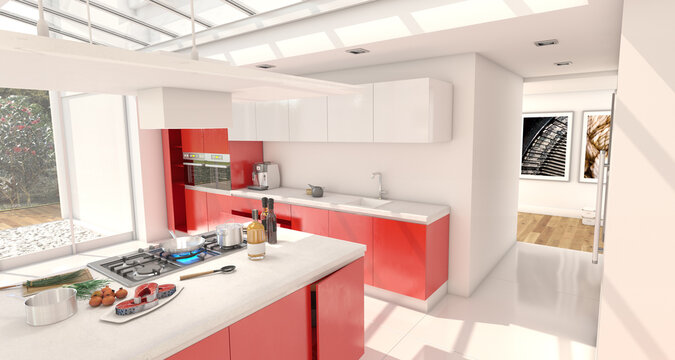Food preparation in a modern red kitchen