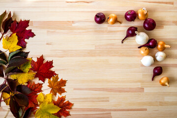 autumn still life, leaves and onions