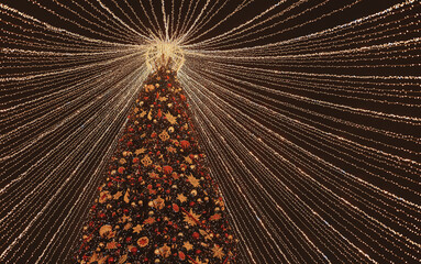 Winter holiday decorations outdoors: Christmas tree among canopy of lights