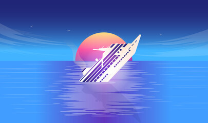 Fototapeta na wymiar Sinking ship vector illustration - Cruice ship sinking in ocean with sun in background.