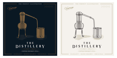 Distillery vintage logo whiskey copper pot still illustration - obrazy, fototapety, plakaty
