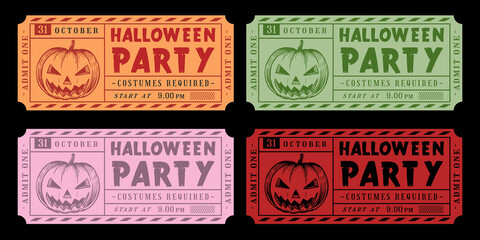 Pumpkin Halloween ticket colorful retro vintage vector set. - obrazy, fototapety, plakaty