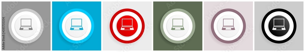 Poster open notebook, laptop, mobile computer icon set, colorful flat design vector illustrations in 6 opti