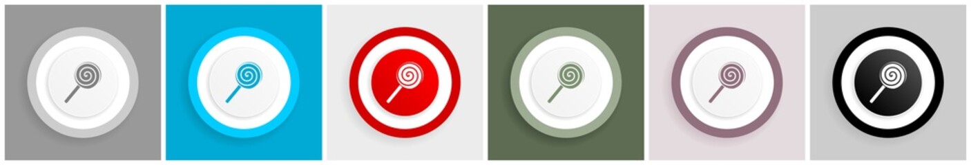 Lollipop, candy, sweet food icon set, colorful flat design vector illustrations in 6 options for web design and mobile applications