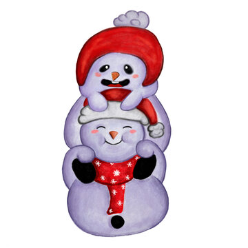 watercolor illustration  snowman  sitting on the back of another snowman Christmas with hats and scarves cartoon style isolated on a white background  print  decor design  decoration, greeting cards