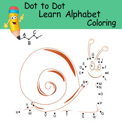 Dot to dot game with letters for kids. Learning the uppercase letters of the English alphabet with cute cartoon Snail. Logic Game and Coloring Page for preschool. Worksheet for practicing alphabet.