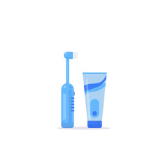 Electric blue toothbrush with tube of toothpaste. Tooth protection and cleaning everyday routine. Flat style objects with shadows on white background. Dental hygiene vector illustration.