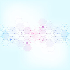Healthcare and medical background with flat icons and symbols. Template design with concept and idea for healthcare technology, innovation medicine, health, science and research.